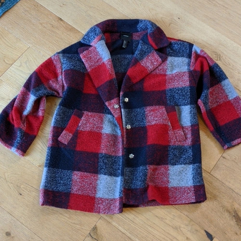 Red, blue & grey plaid jacket. Size small.